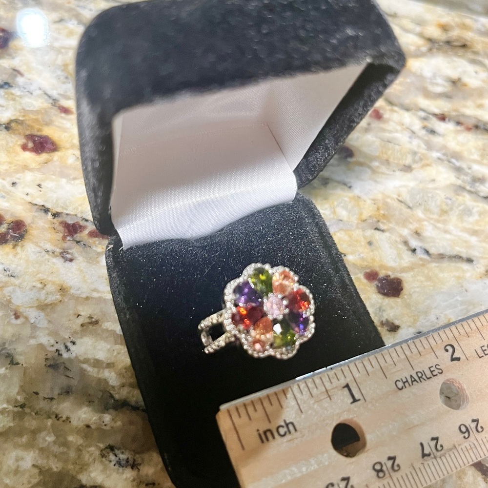 Sterling Silver Multi Gemstone Floral Cluster Ring - Size 7 - MSRP: $150